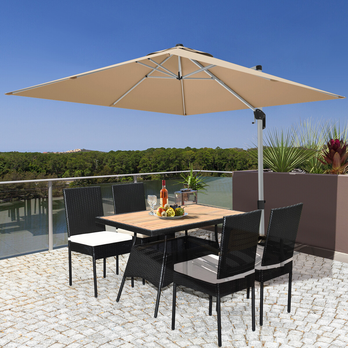 5 PCS Patio Rattan Dining Set Table w/Wood Top Cushioned Chars Garden Yard Deck