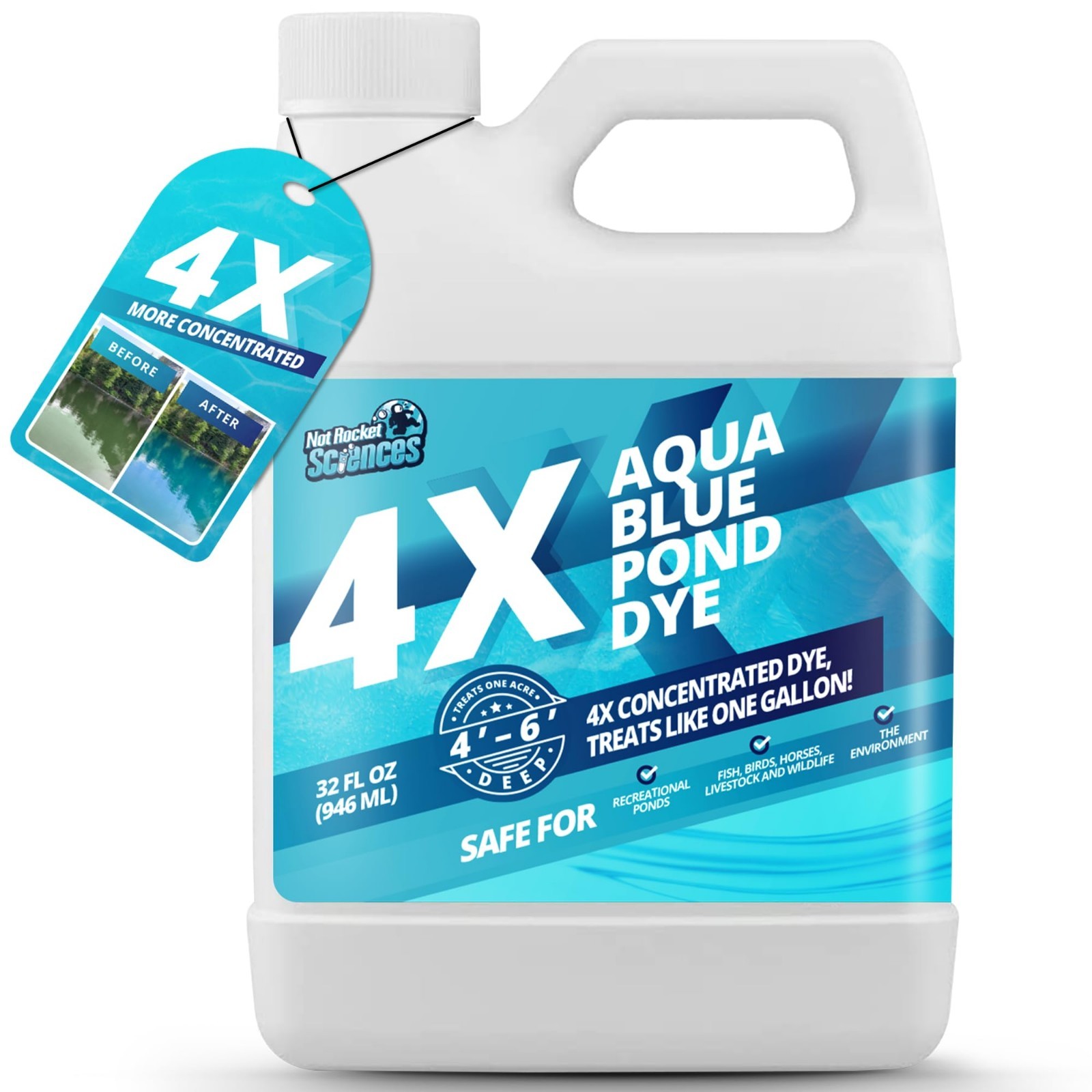 32oz Aqua Blue Pond Dye 4X Concentrate Lake Colorant Treats 1 Acre Fish Safe