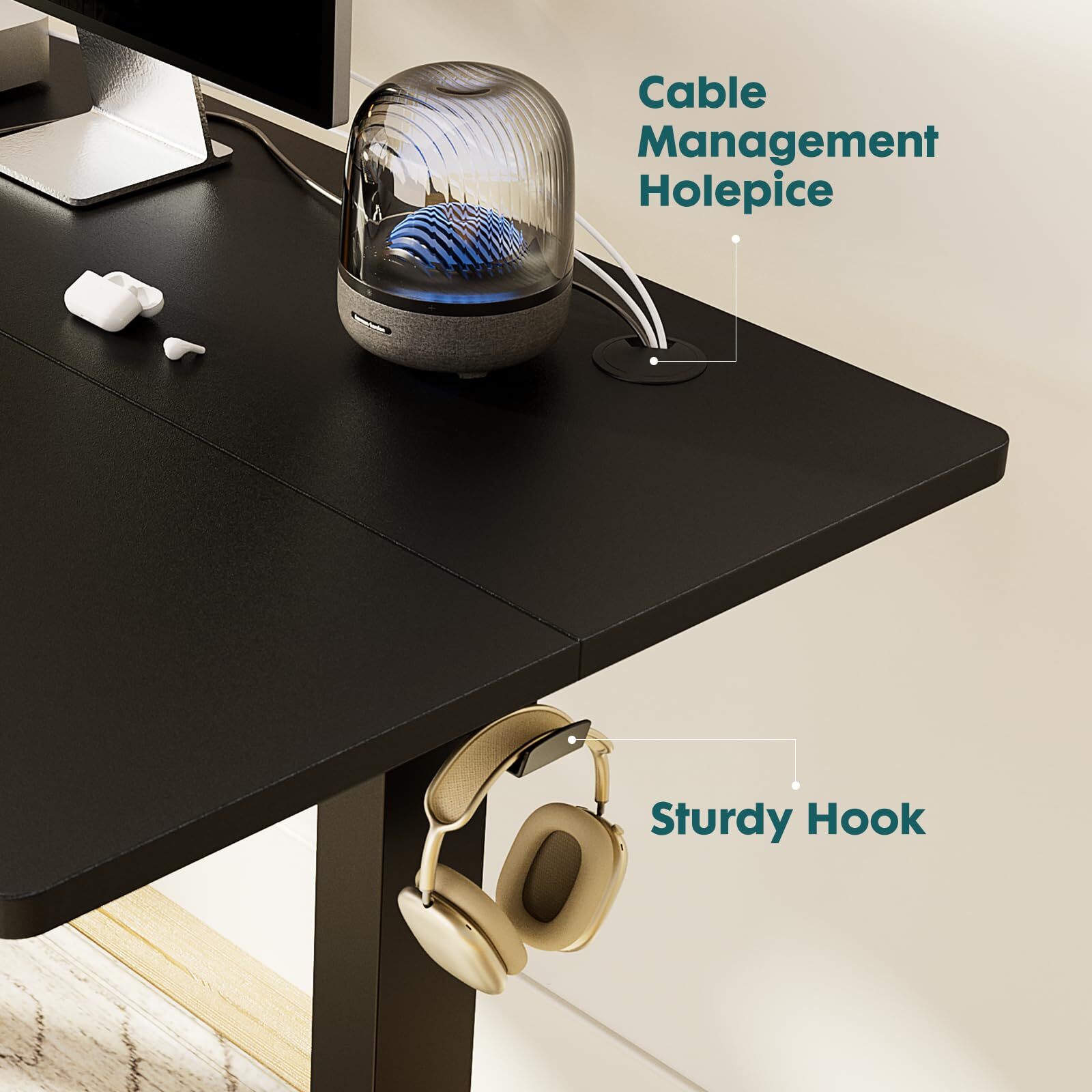 Black 24x48" Adjustable Standing Desk with Cable Management, Ergonomic Height