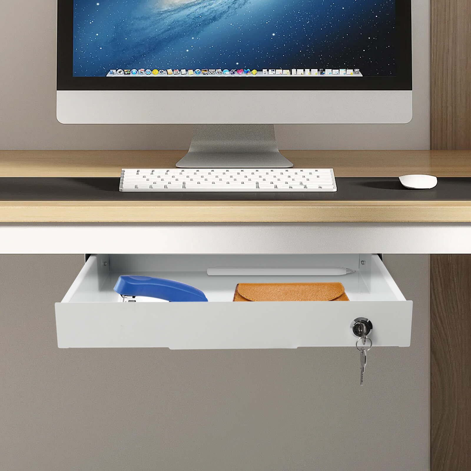 Under Desk Sliding Pull-Out Drawer - Space-Saving Organizer with Lock