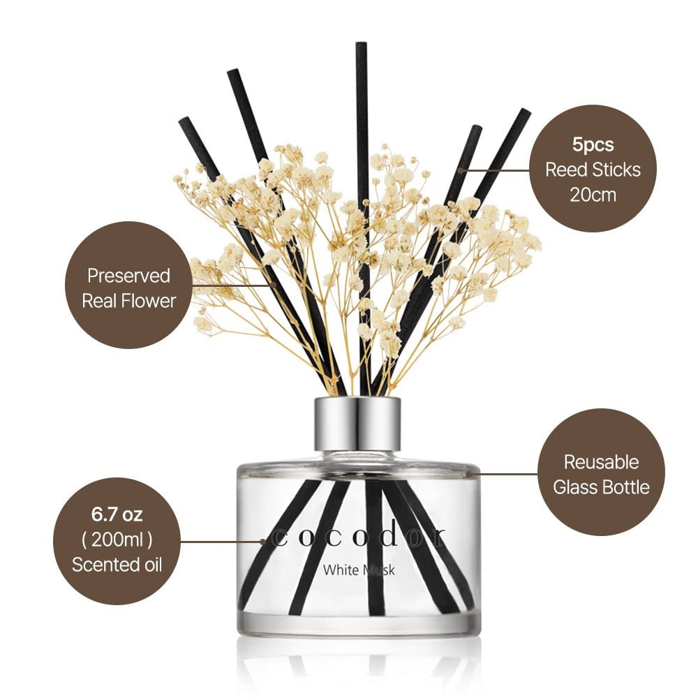 COCODOR Flower Reed Diffuser Set / 6.7oz / White Jasmine/Scent Diffuser with Sti