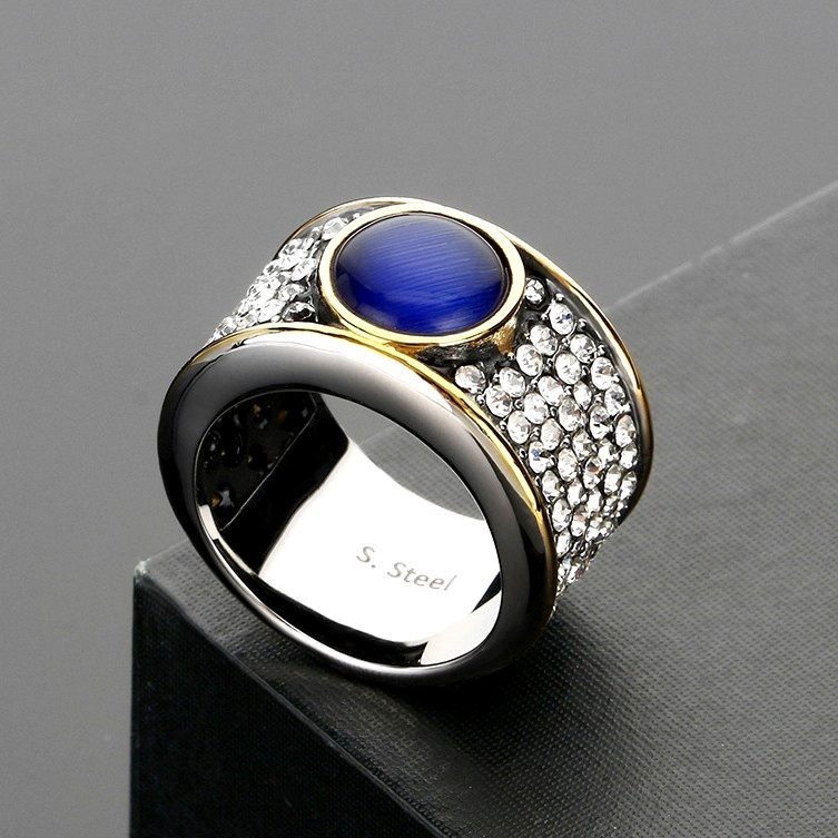 14mm Blue Stone Inlay Men's CZ Wedding Band Stainless Steel Fashion Gift Ring