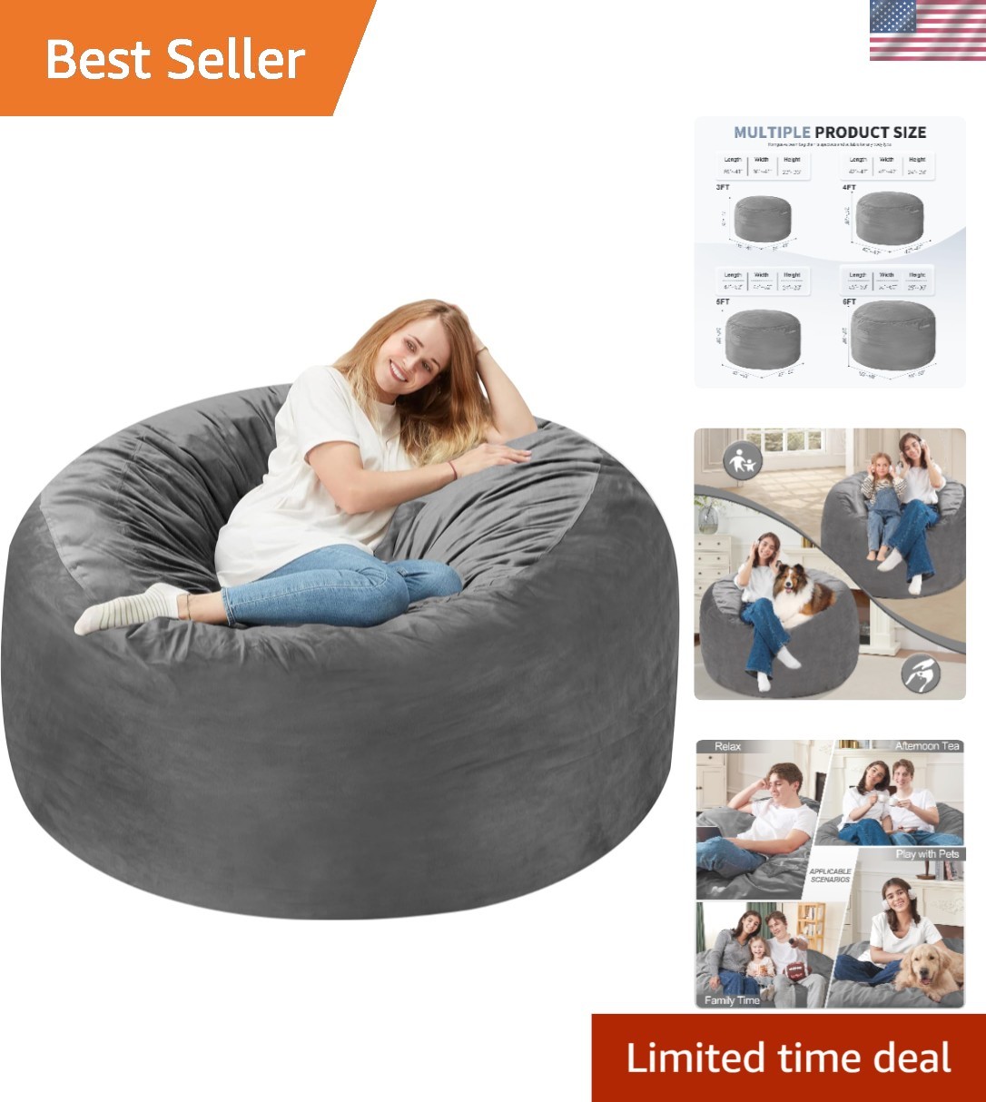 Cozy 3FT Velvet Bean Bag Chair with Memory Foam - Perfect for All Ages