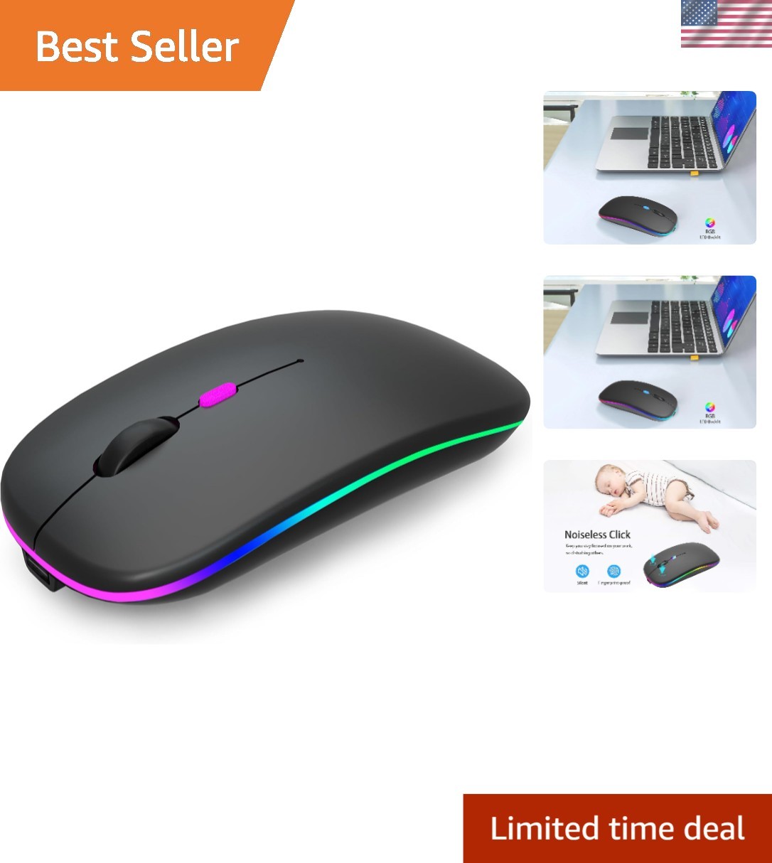 Rechargeable Wireless Bluetooth Mouse with LED Lights - Slim & Silent Design
