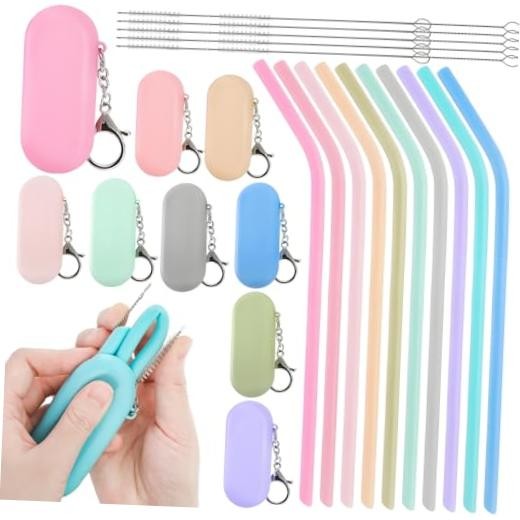 Set of 10 Silicone Straws with Case, Collapsible Angled Drinking Cruise Ships