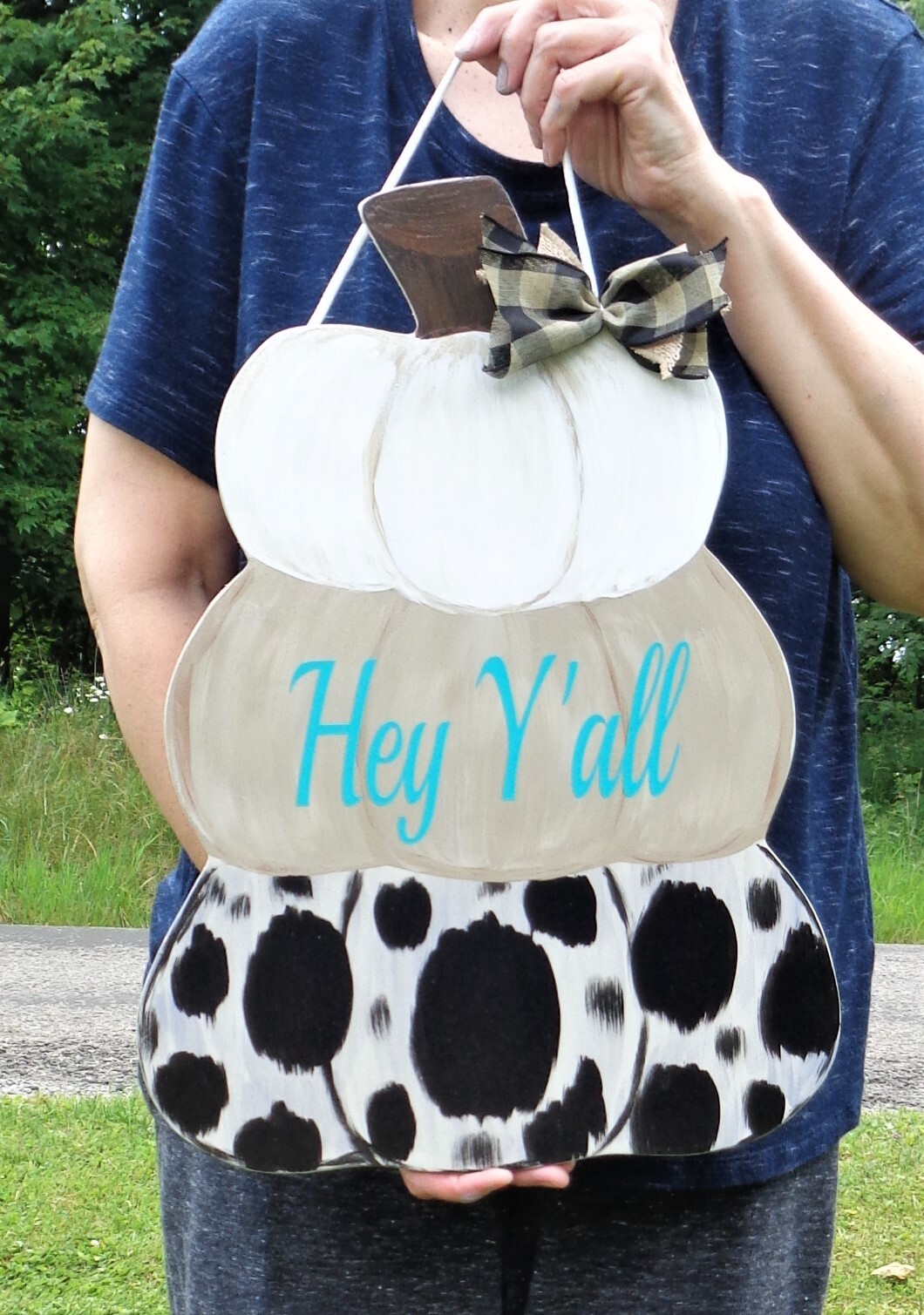 18" HEY Y'ALL  Pumpkins Stacked Fall SIGN Wall Art Door Hanger Plaque Wood Decor