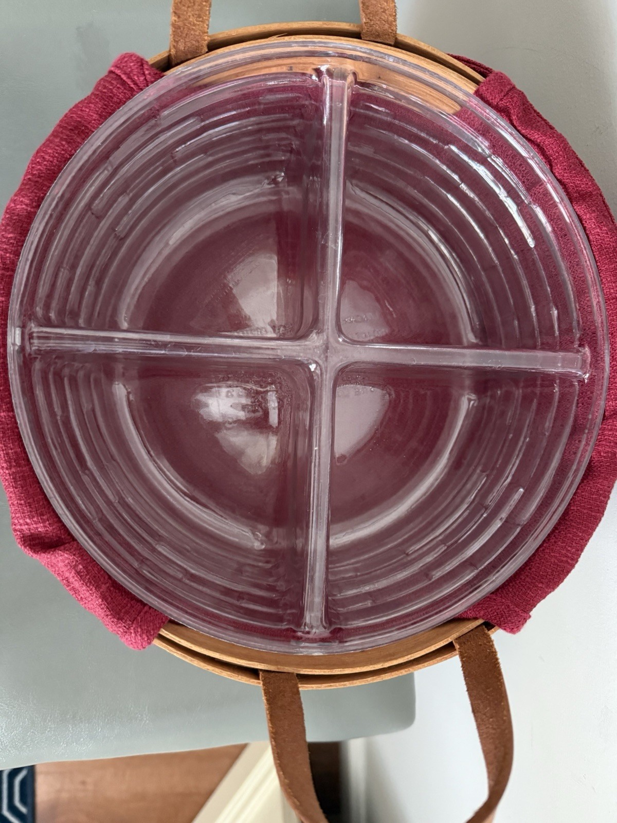 Longaberger Basket Set 2003 Round Leather Handles Red Fabric Plastic Protector