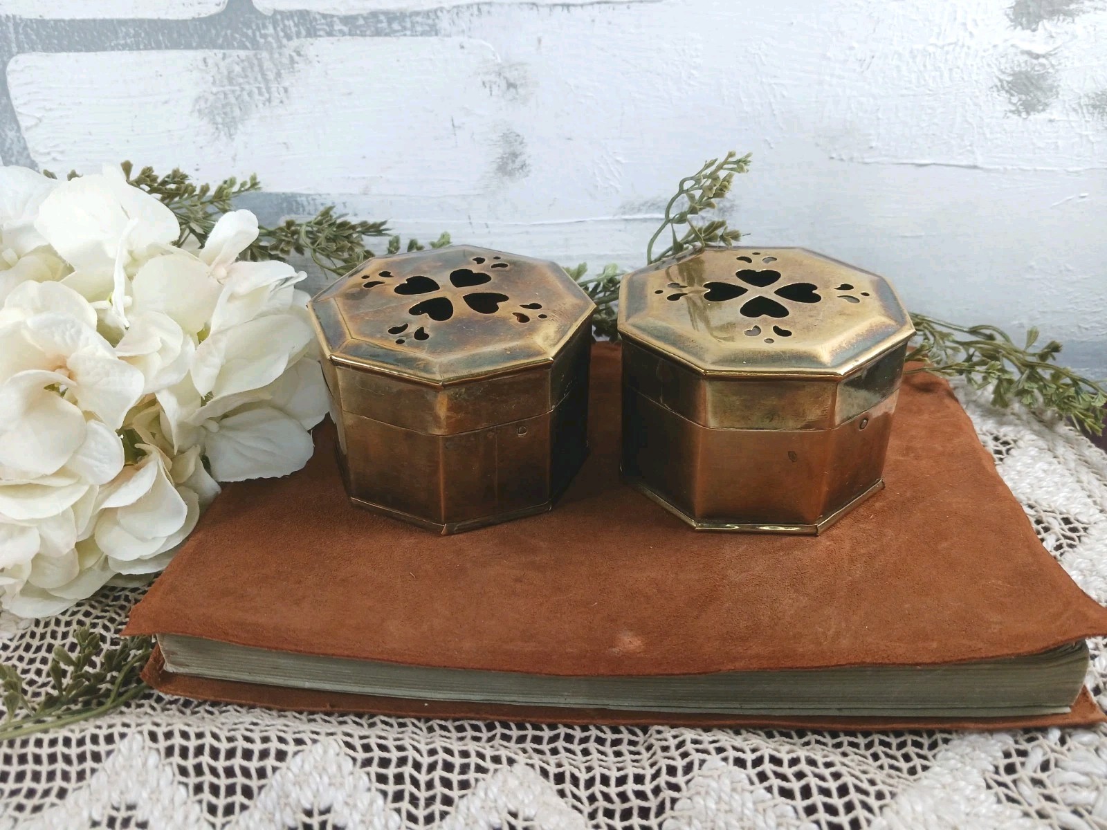 2 Brass Potpourri Trinket Boxes Octagon Hearts Granny Cottage Core