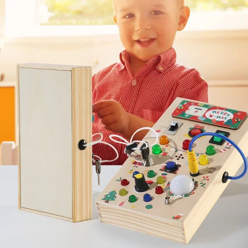 Montessori Wooden Busy Board – LED Sensory Activity Toy for Toddlers (2–4)