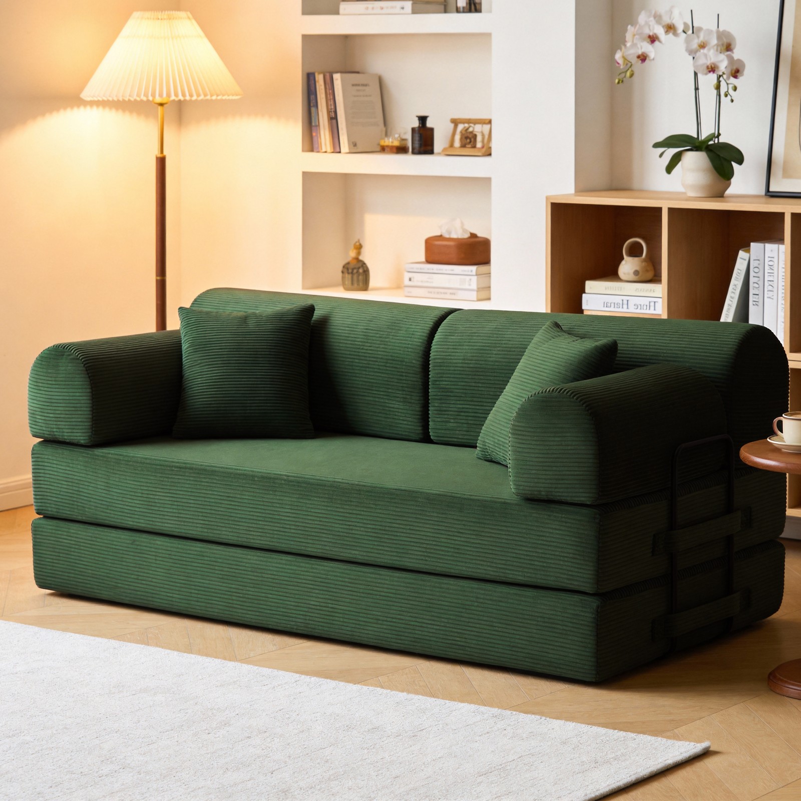 Convertible Sleeper Sofa Bed, Corduroy Folding Couch, Dark Green