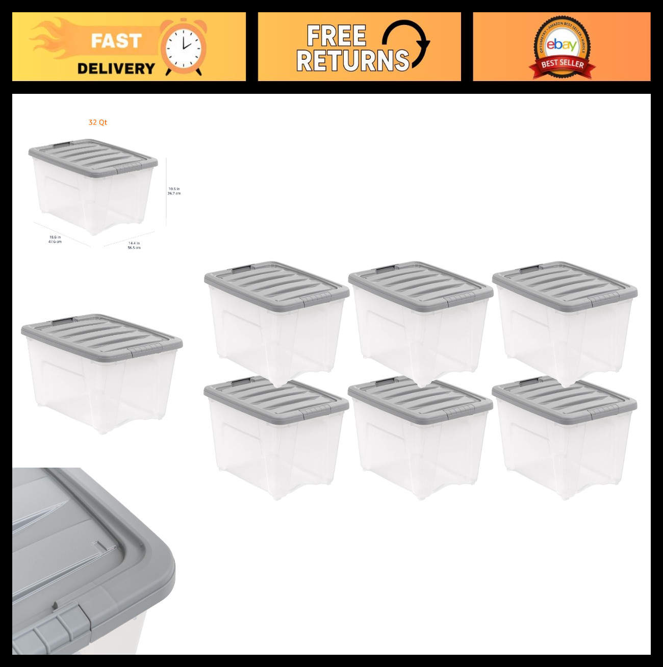 Stackable Plastic Storage Containers with Latching Lids, Clear/Grey, 32 Qt, Set