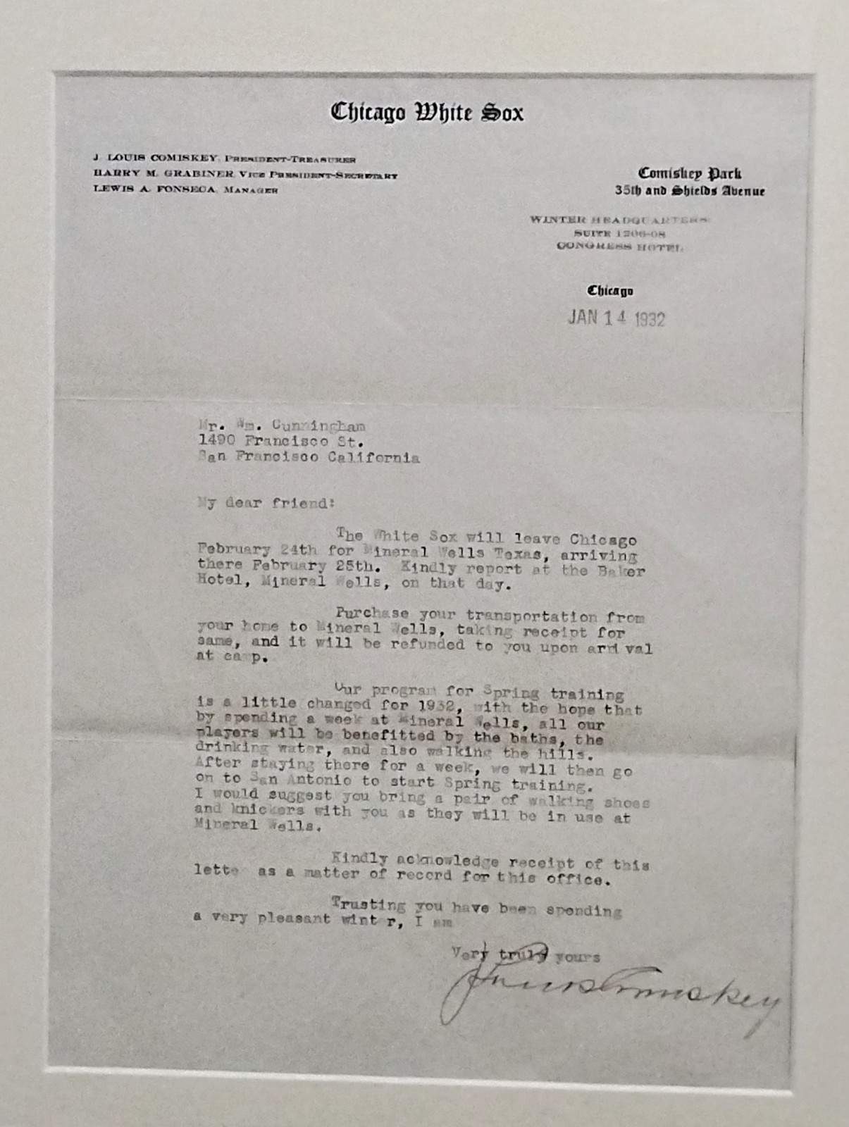 1932 Chicago White Sox Comiskey Signed Letter Contract Cunningham Type A Photos