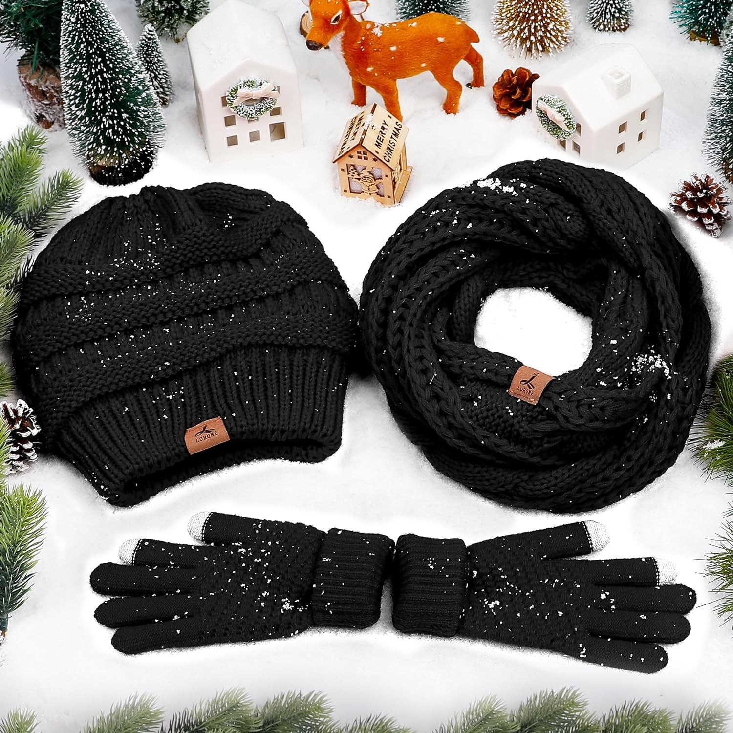 Winter Beanie Hat Scarf Gloves, Warm Fleece Knit Hats Touch Screen Gloves Neck S