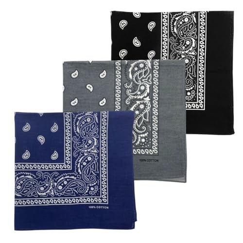 3 PCS 100% Cotton Bandana for Men & Women 22" x 22" Navy Blue/Grey/Black