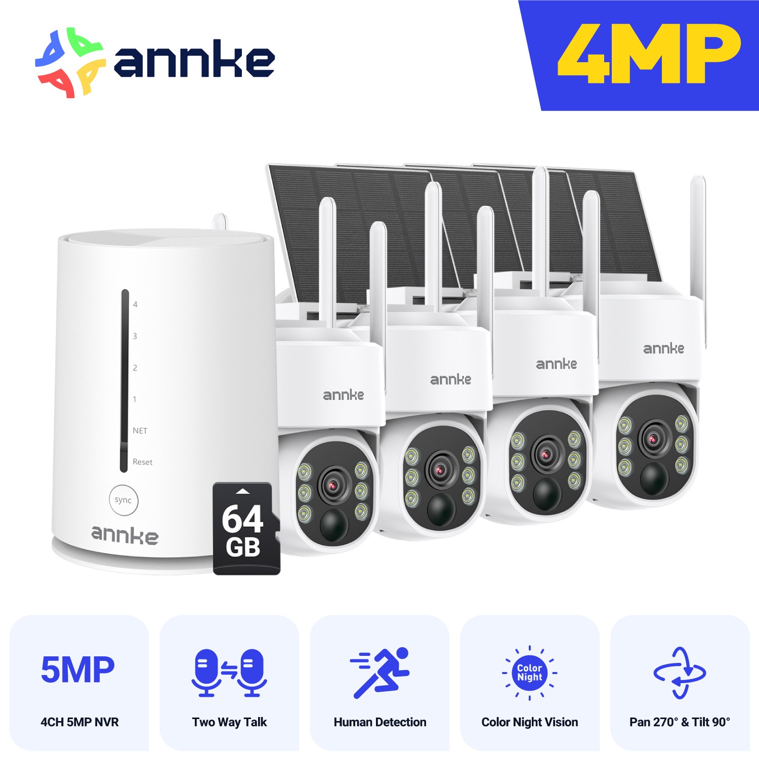 ANNKE 4MP PT Wireless Solar Powered Color Security Camera System Two-Way Audio