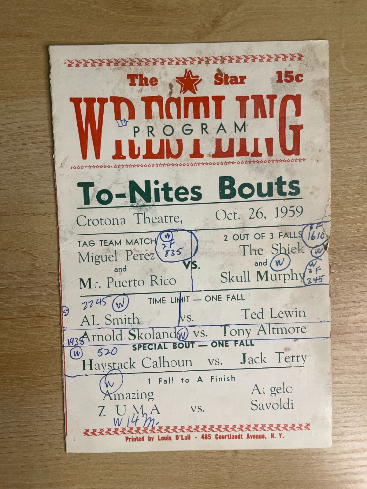 The Star October 26, 1959 Wrestling Program B2437