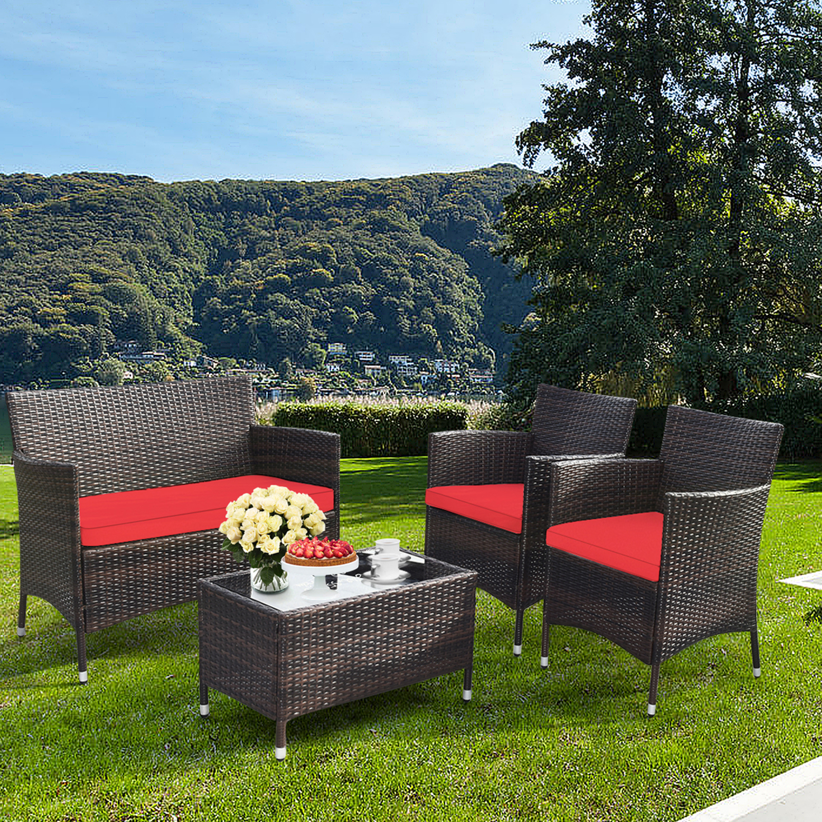 4PCS Patio Rattan Conversation Furniture Set Outdoor w/ Red Cushion