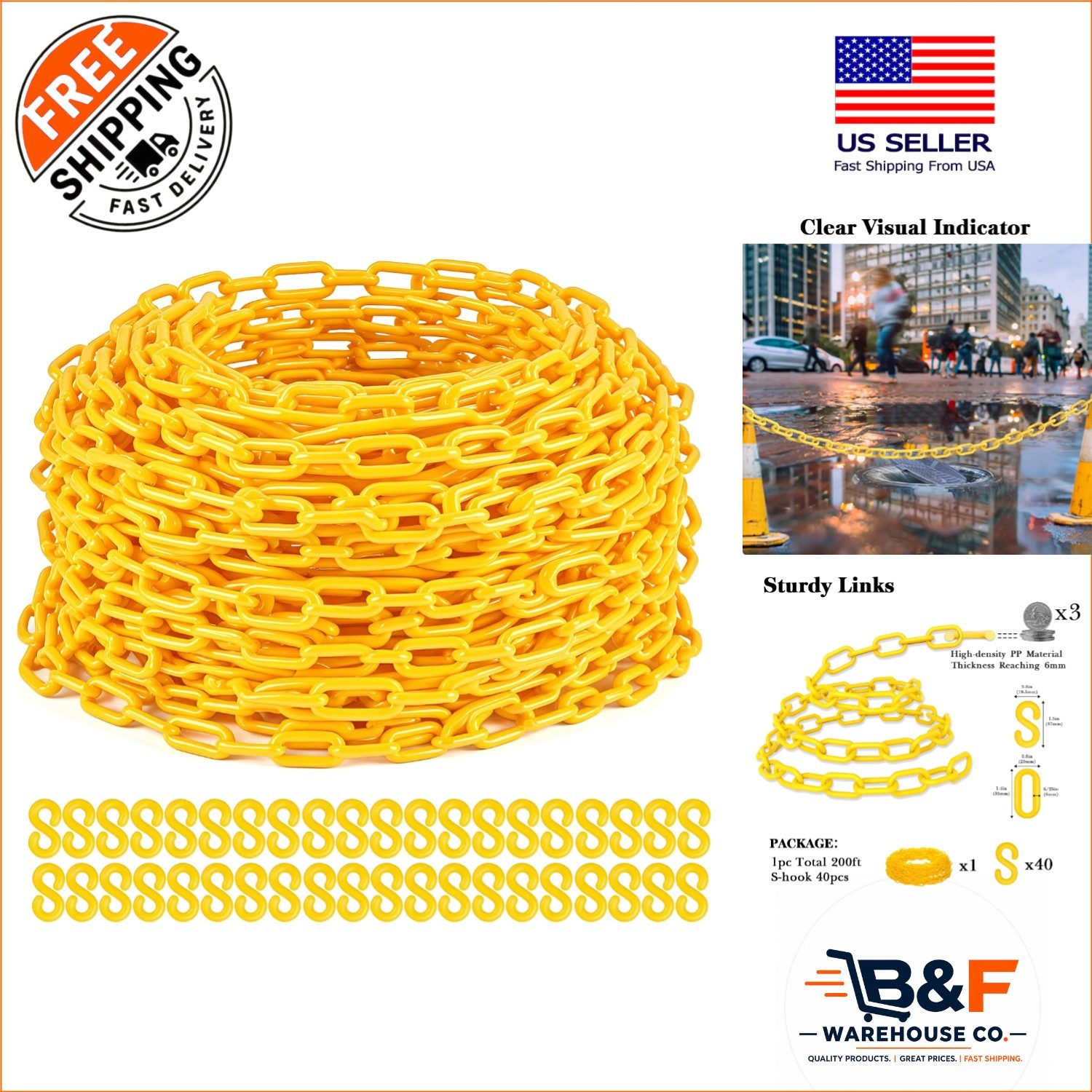 Modern 200Ft Yellow Plastic Chain for Walkways and Events - Heavy-Duty Design