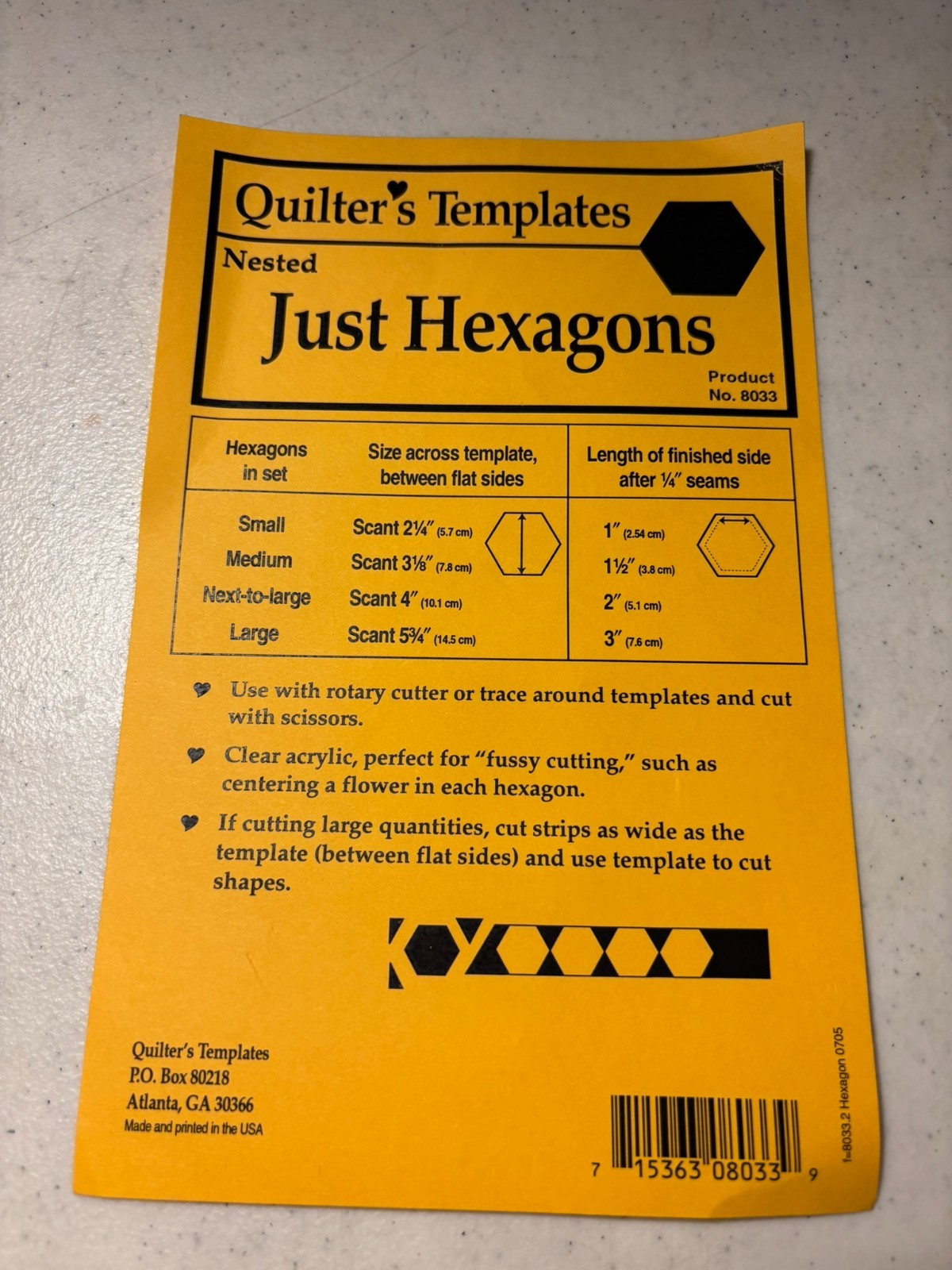 Quilter's Templates Just Hexagons 4 Nested sizes  Product # 8033