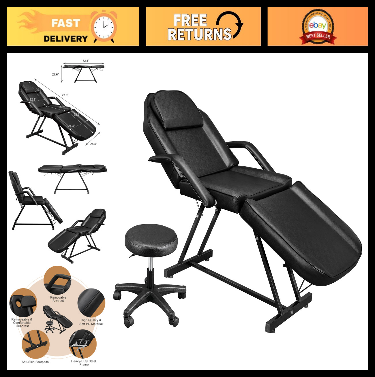 Multi-Purpose Tattoo Chair & Esthetician Bed with Hydraulic Stool - Adjustable 3