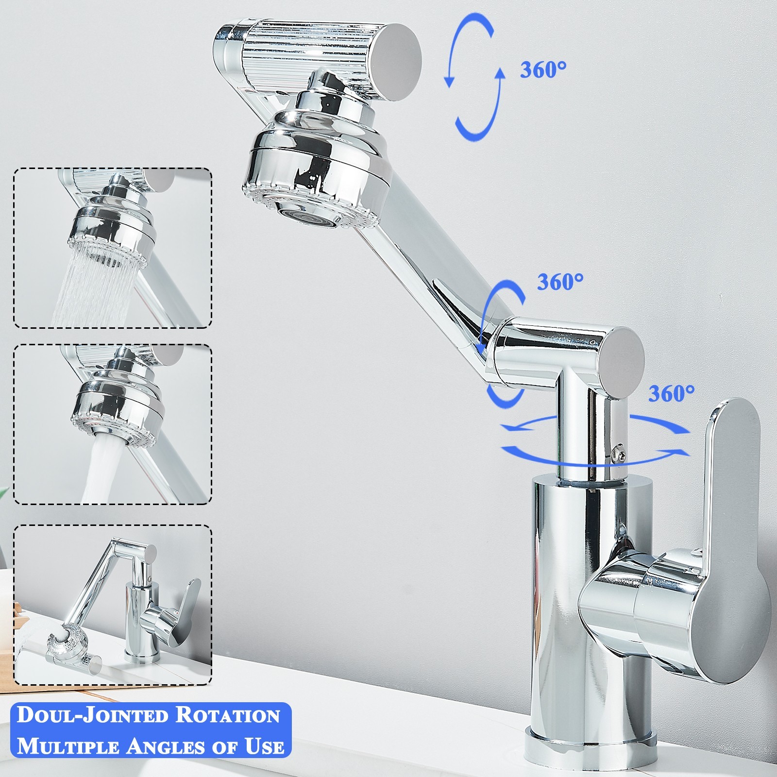 Chrome Bathroom Sink Faucet 1080° Swivel Robotic Arm Single Handle Vanity Faucet