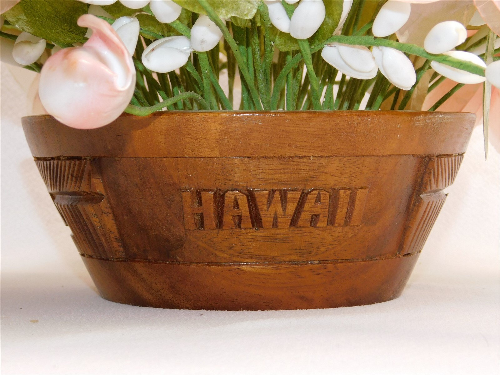 Vintage Capiz Shell Pink Accent Flower Bouquet in Wood Planter HAWAII