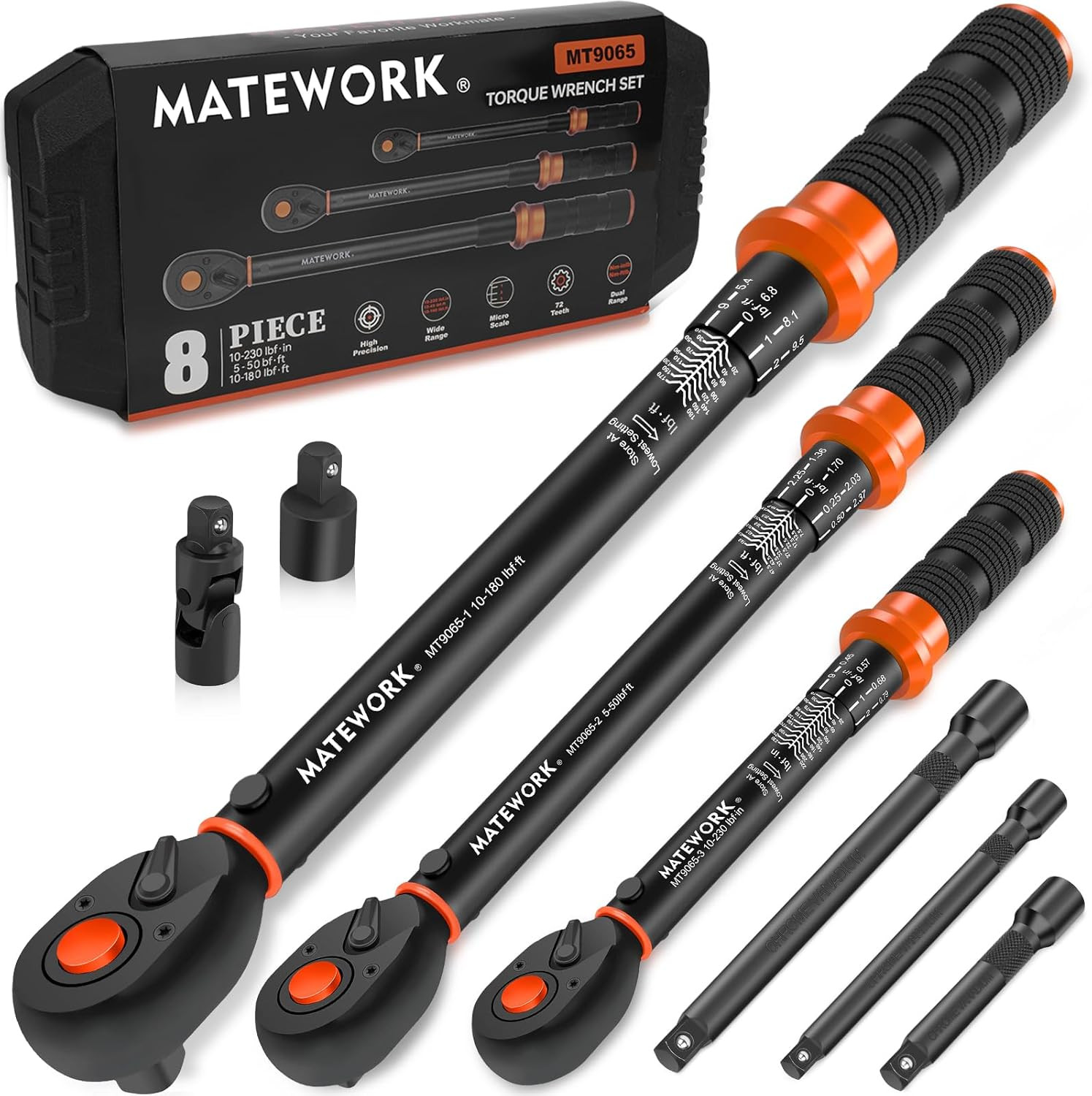 Upgraded Torque Wrench Set 8PCS, 1/4 3/8 1/2 Inch Drive Click Torque Wrench, 10-
