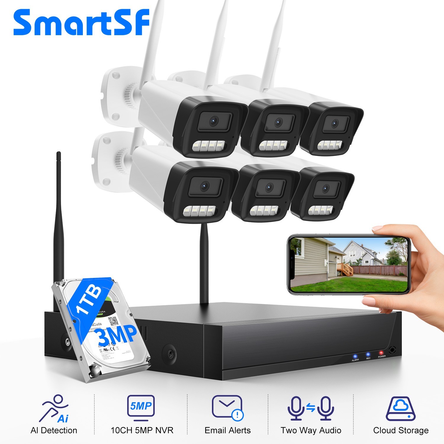 Wireless Security Camera System, 10CH Wireless NVR System with 6pcs HD 3MP cam