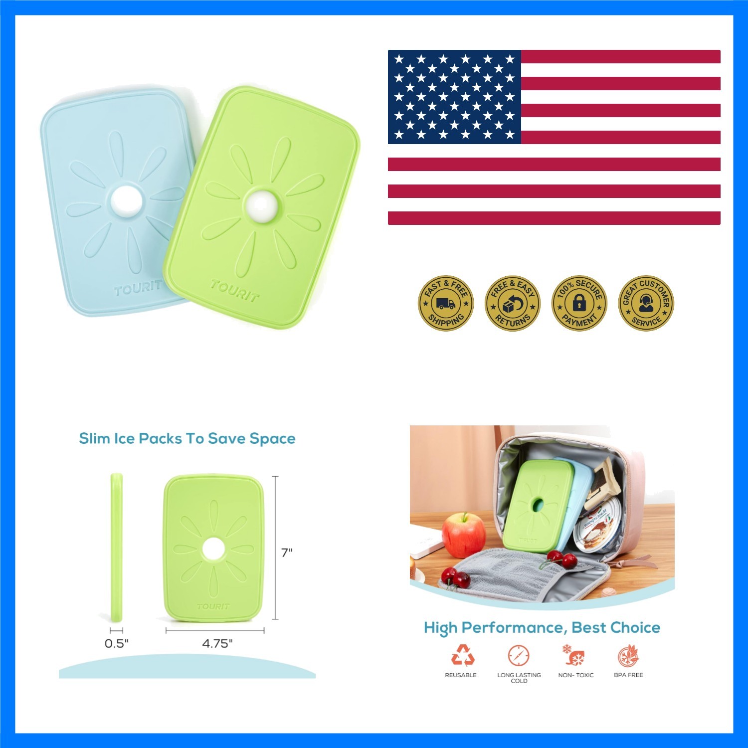 Ice Packs for Coolers Reusable Long Lasting Freezer Packs for Lunch Bags/Boxe...