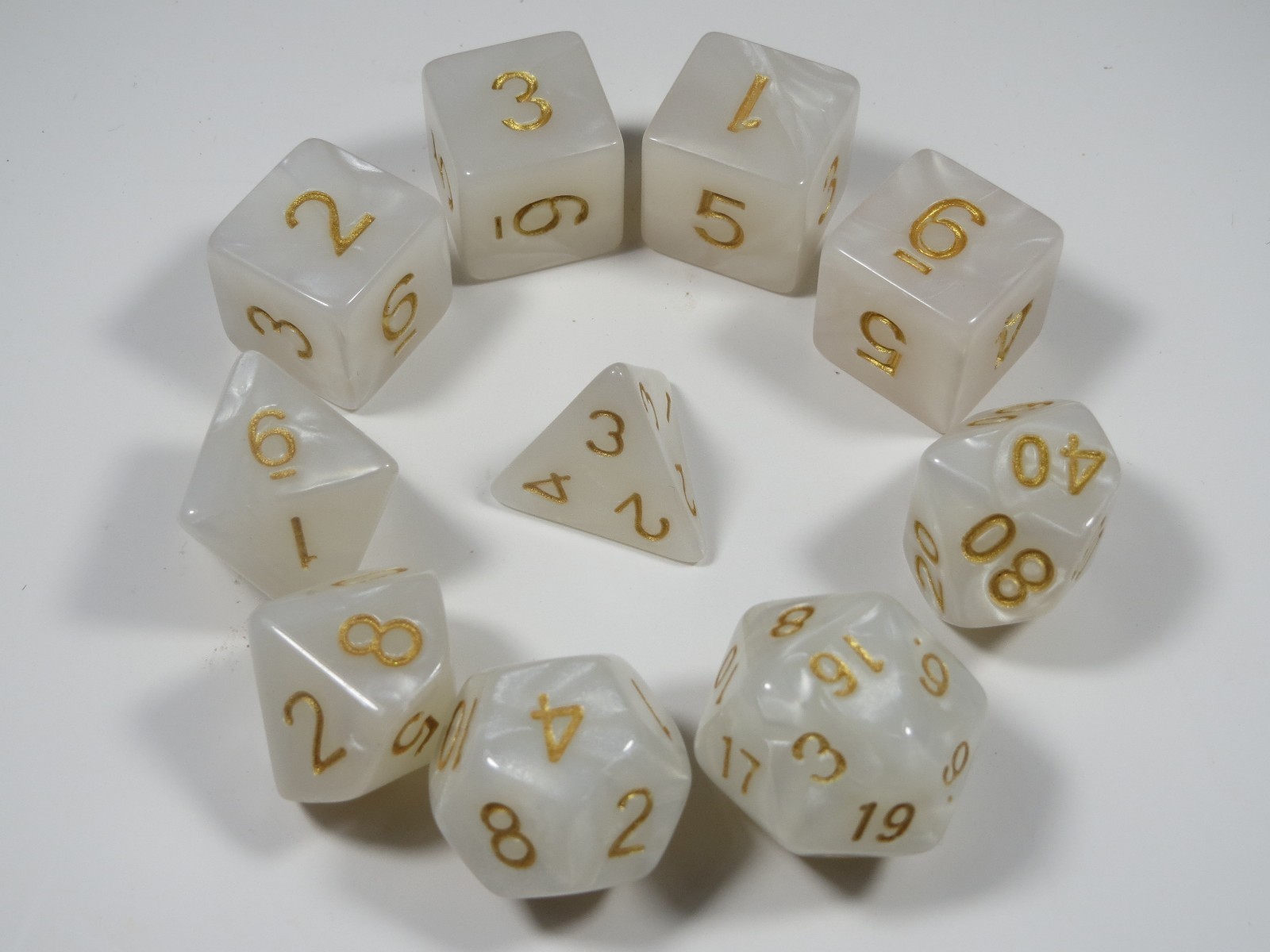 RPG Dice 10pc - Pearl White /gold ink- 1 @ D4 D8 D10 D12 D20 D00-10 & 4 D6