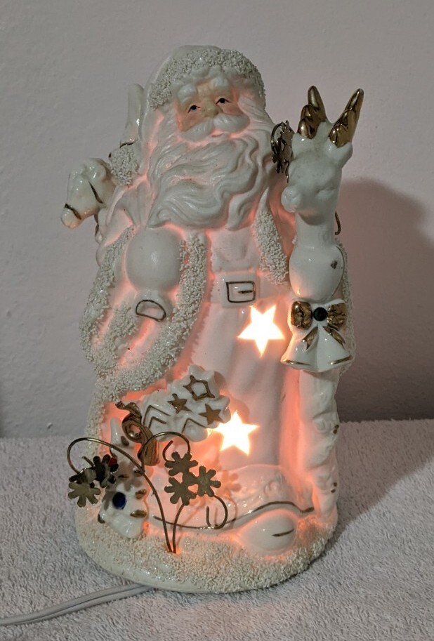 Christmas Porcelain Santa Claus w/ Reindeer Sack Ivory Gold Light Up Lamp Stars