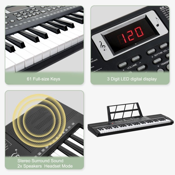 61-key electronic keyboard + stand + stool set, black