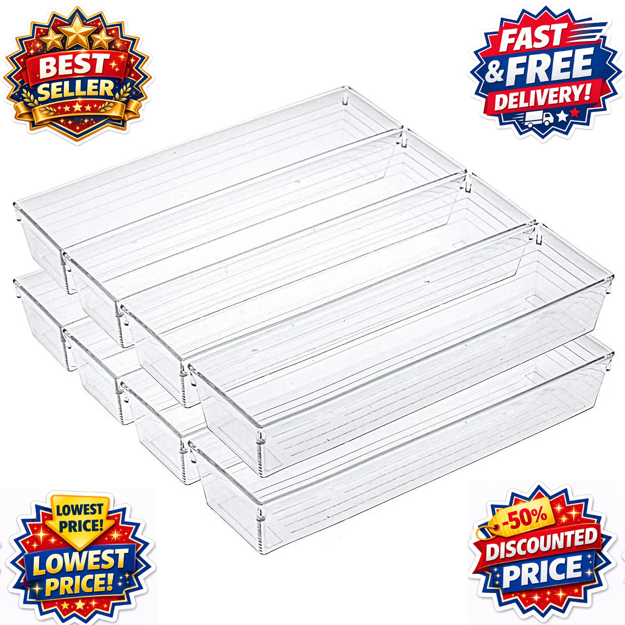 10 Pack 12 x 3 x 2 Inch Clear Drawer Organizer Trays, Desk Drawer Divider Sto...