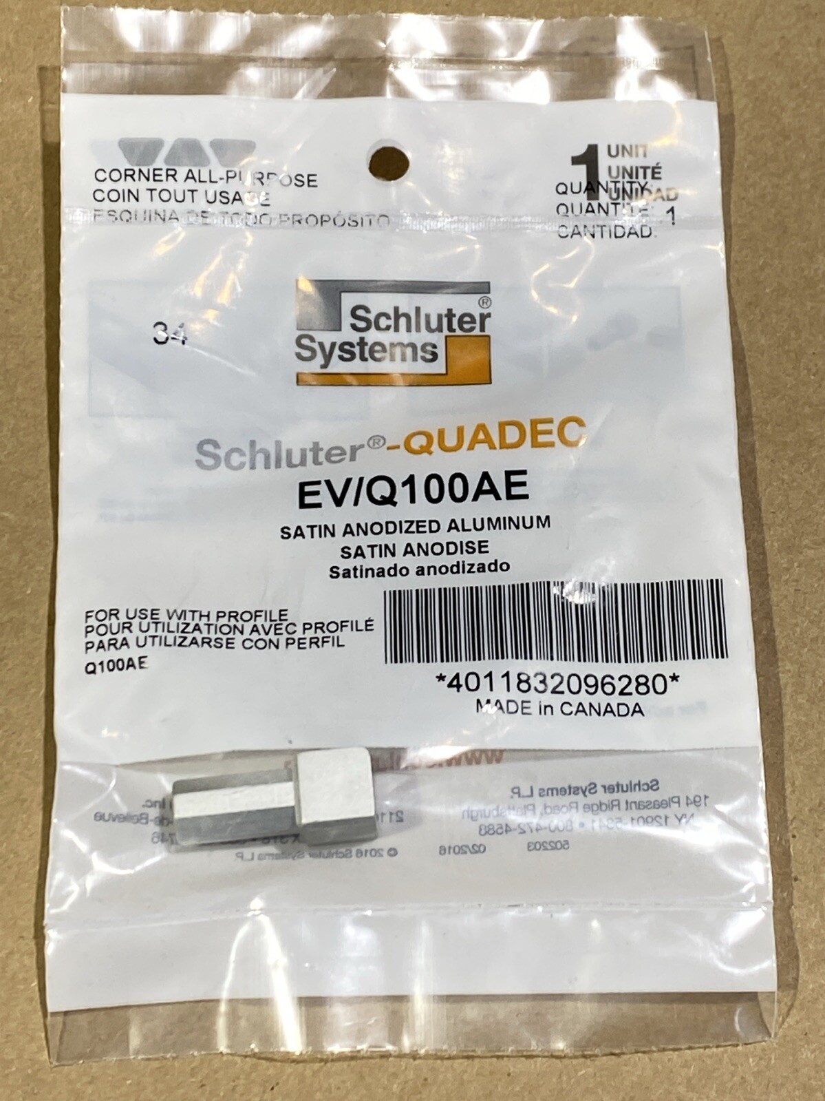 Schluter Systems QUADEC EV/Q100AE Satin Anodized Aluminum Corner New
