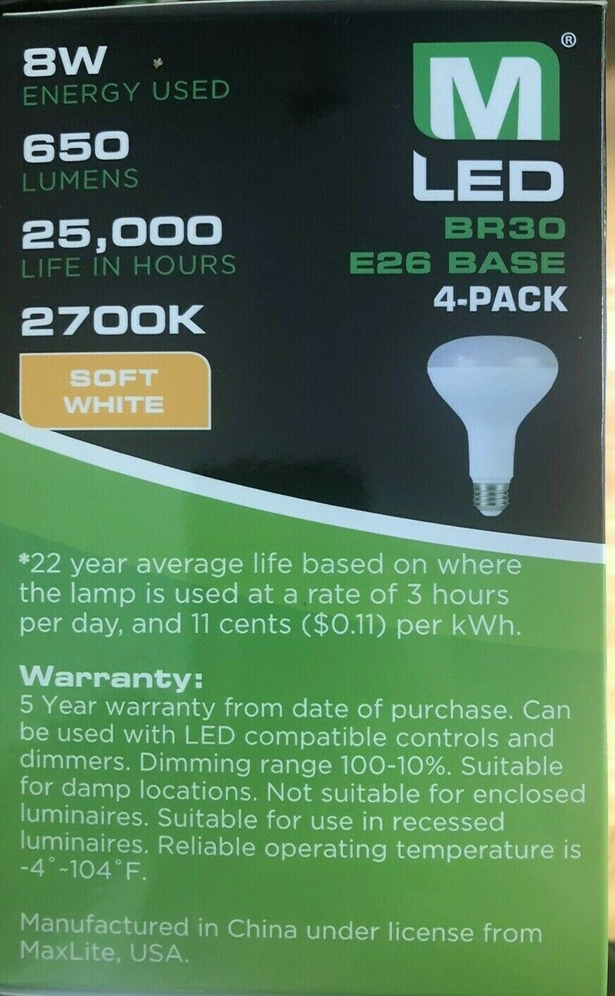 4 Bulbs Maxlite BR30 E26 LED Light Bulbs 8W / 65W Equivalent Soft White Dimmable