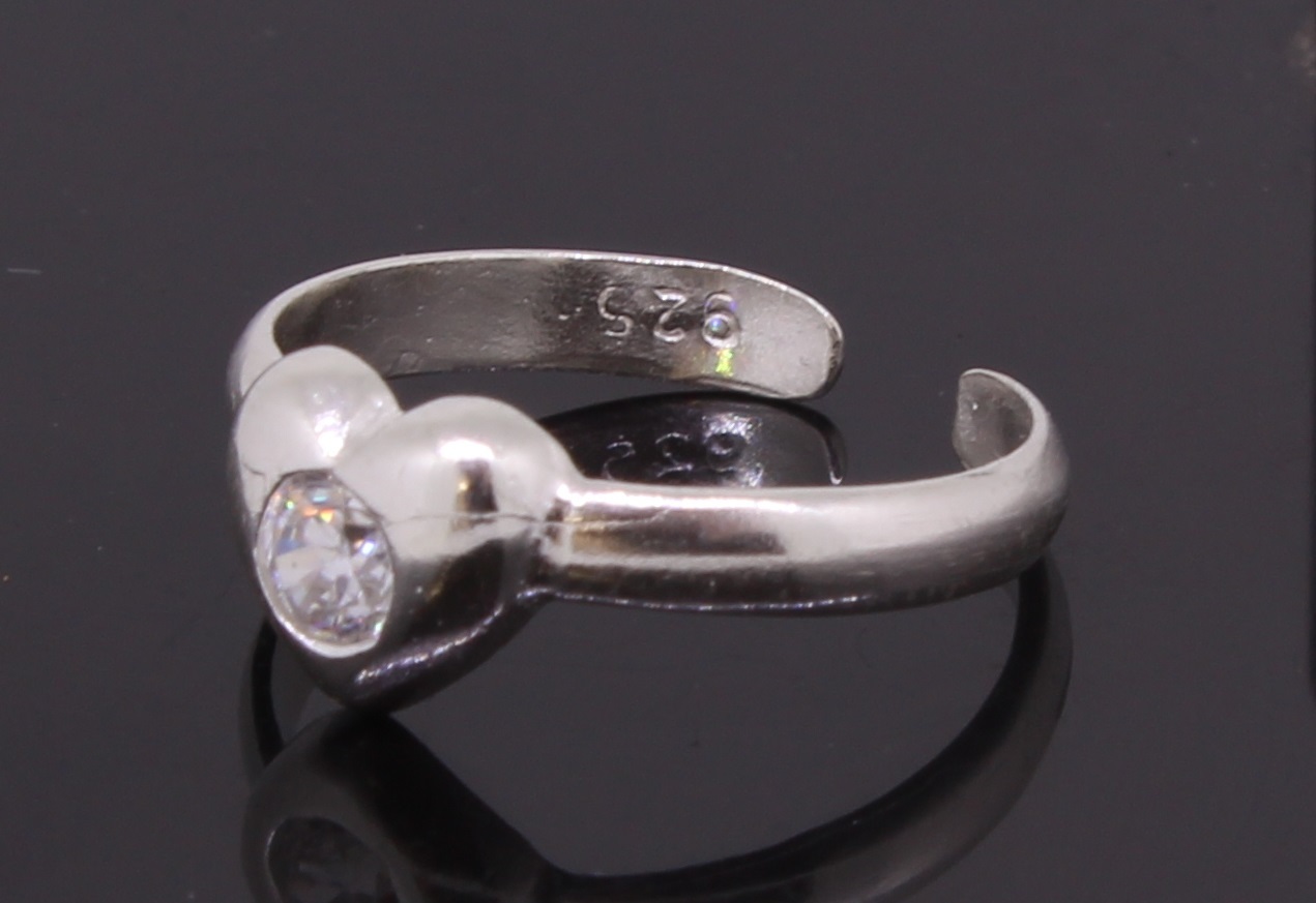 Toe Ring Sterling Silver Heart Shaped Adjustable With Cubic Zirconia