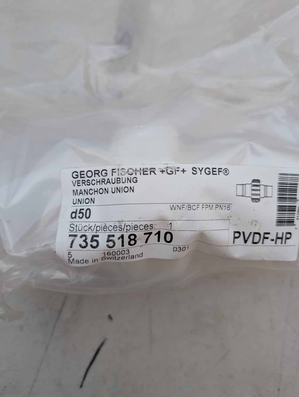 Georg Fischer +GF+ Sygef PVDF-HP Union Pipe Fitting d50 PN16