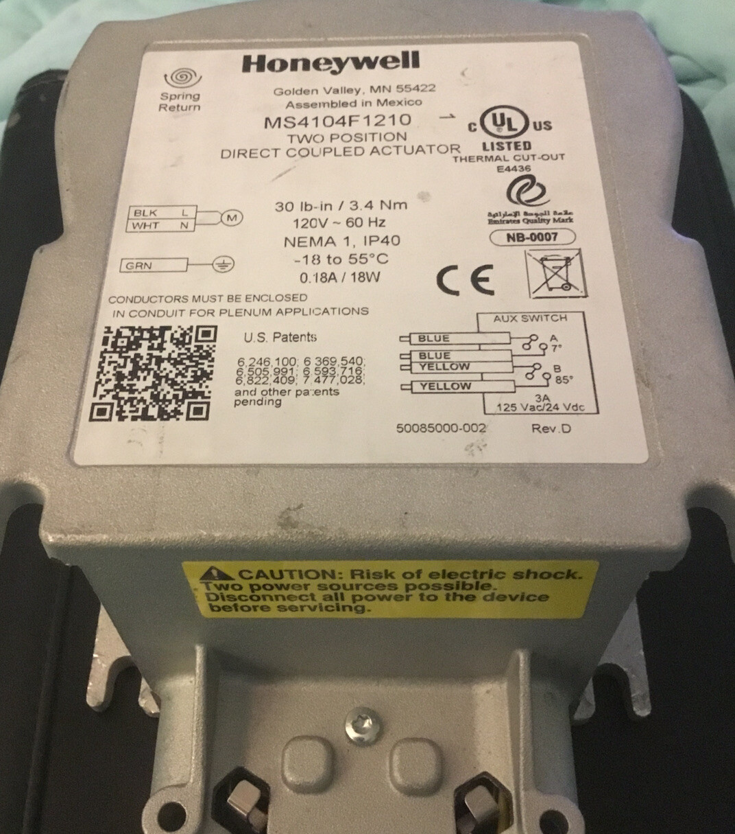 Honeywell Two Position Direct Coupled Actuator MS4104F1210