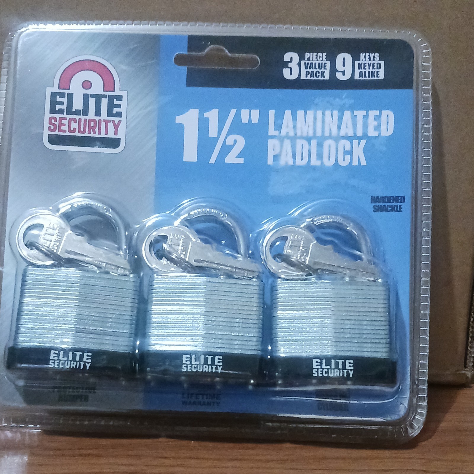 ELITE Security 1-1/2" Laminated Padlock 3 Pack Keyed Alike Hardened Steel