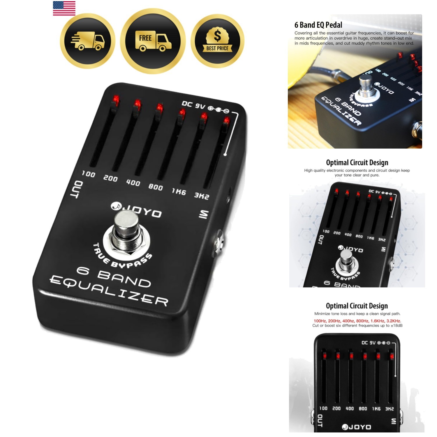 6-Band EQ Pedal Electric Guitar Equalizer 100Hz 200Hz 400Hz 800Hz 1.6kHz 3.2k...
