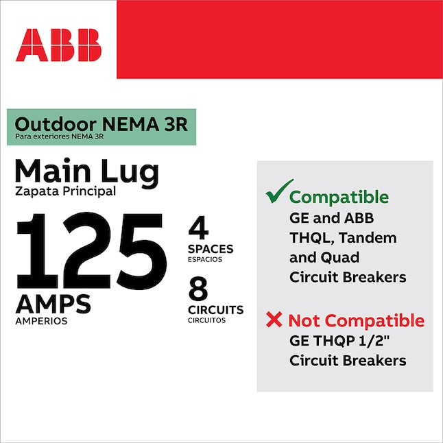 ABB TLQ412R1 125 Amp 4-Space 8-Circuit Outdoor Main Lug Load Center NEMA3R