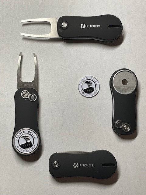 (1) Pitchfix Golf Switchblade Divot Tool & Pebble Beach GL 1" Coin Golf Marker