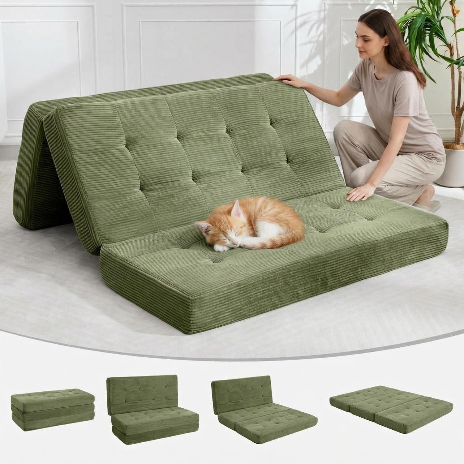 6 Inch Tri Fold Mattress 75x54.3 Inch Corduroy Sofa Bed Floor Guest Portable