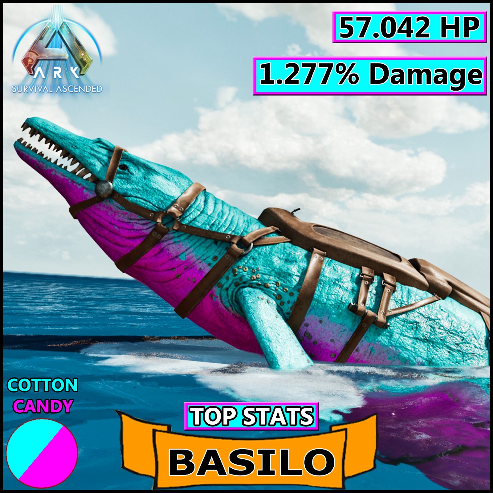 Ark Survival Ascended PVE BASILO 57k HP 1277% Damage TOP STATS 362 Cotton Candy