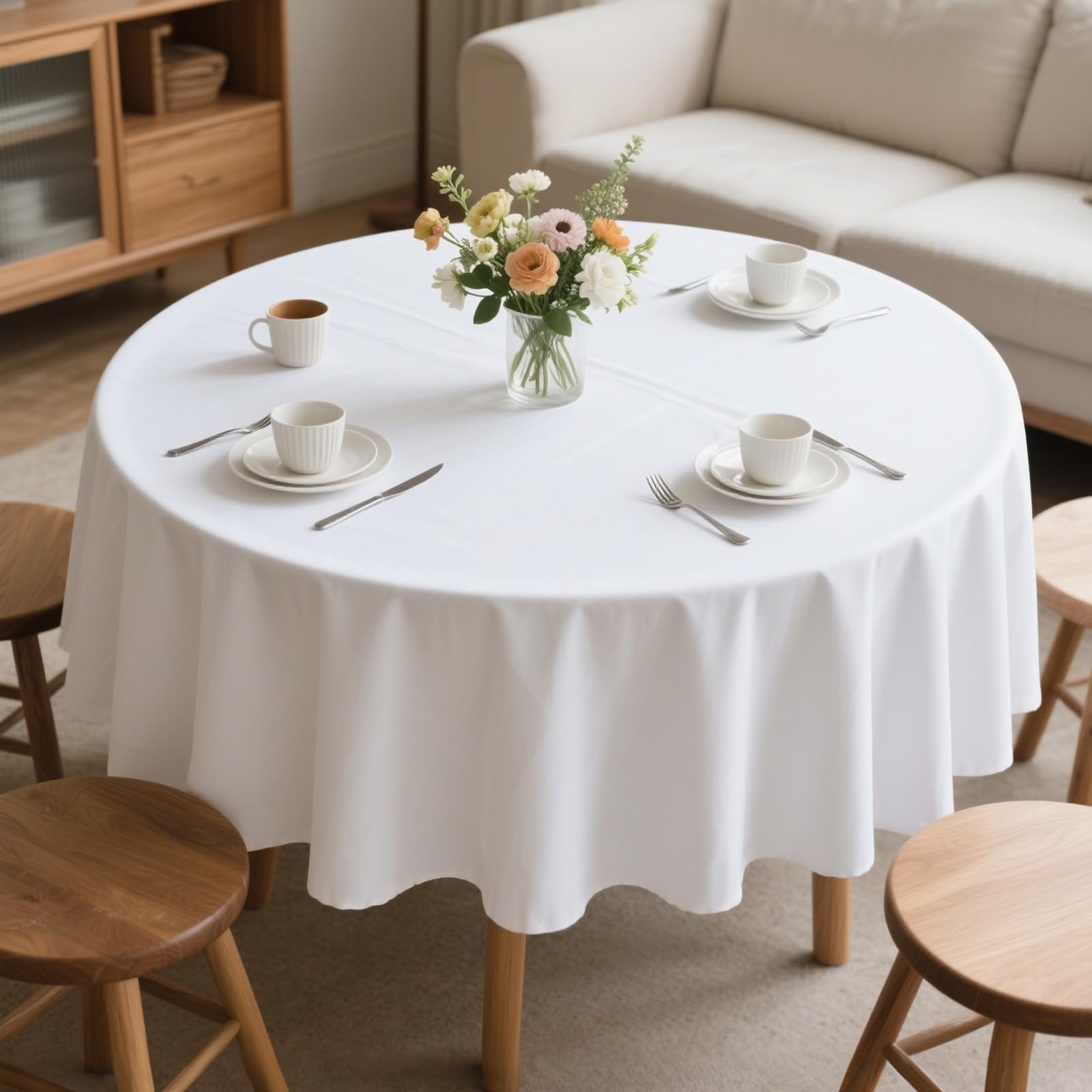 MRJ 70 Inch Round White Tablecloth Stain and Wrinkle Resistant Washable Polye...
