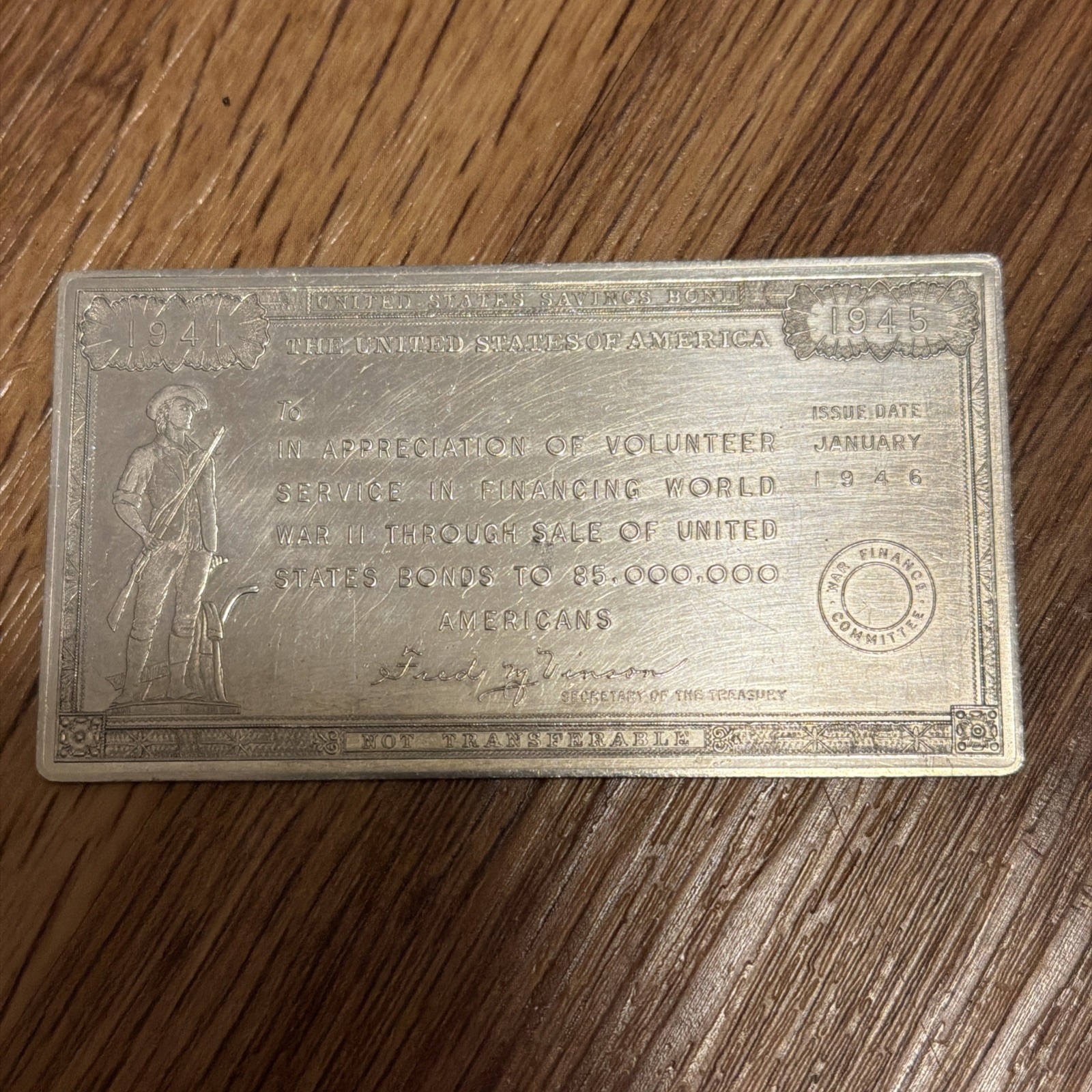 1946 Vintage WWII US War Savings Bond Appreciation Aluminum Plaque 1941-1945