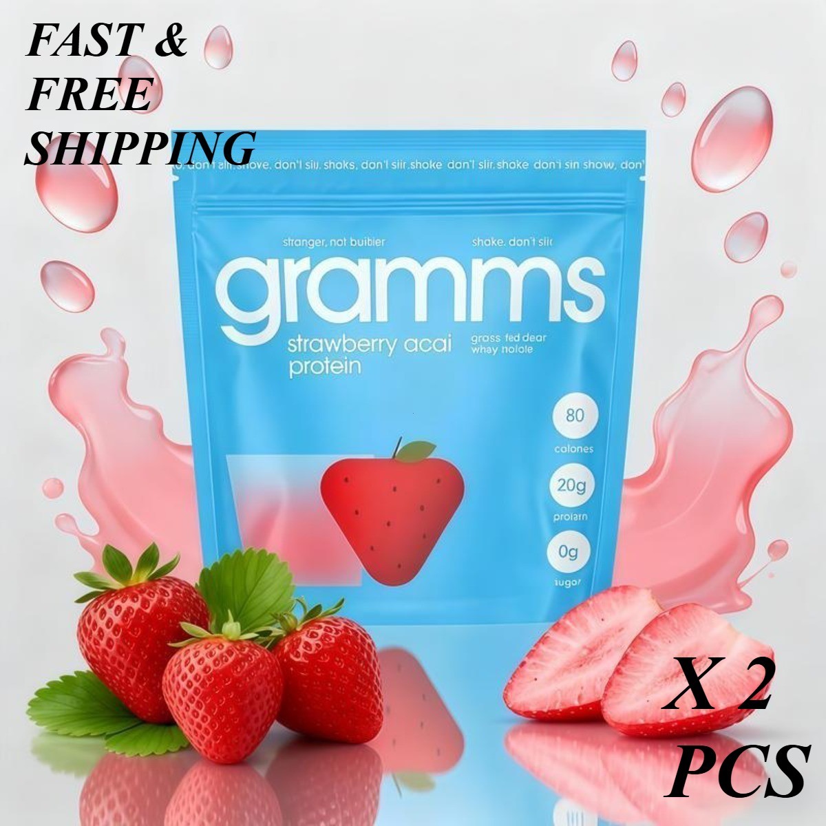 2 PACKS-Grams Grass-Fed Whey Isolate Clear Protein Strawberry Acai Sugar/Lactose