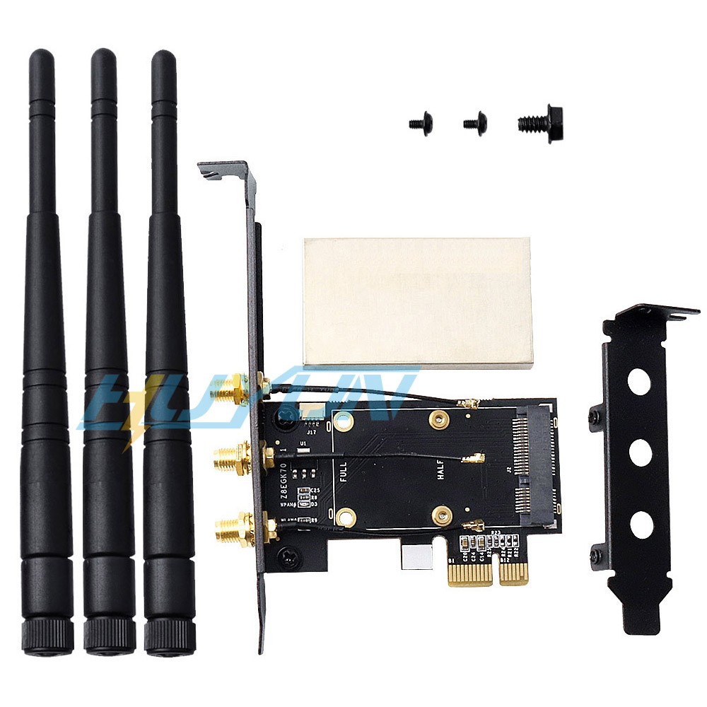 Mini PCI-e to PCI-e 1x 16x Desktop PC 3 Antennas Adapter for Wireless Wifi Card