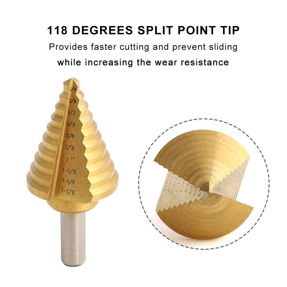 Step Drill Bit - Titanium Coated, Double Cutting Blades, HSS, Short, 10 Sizes