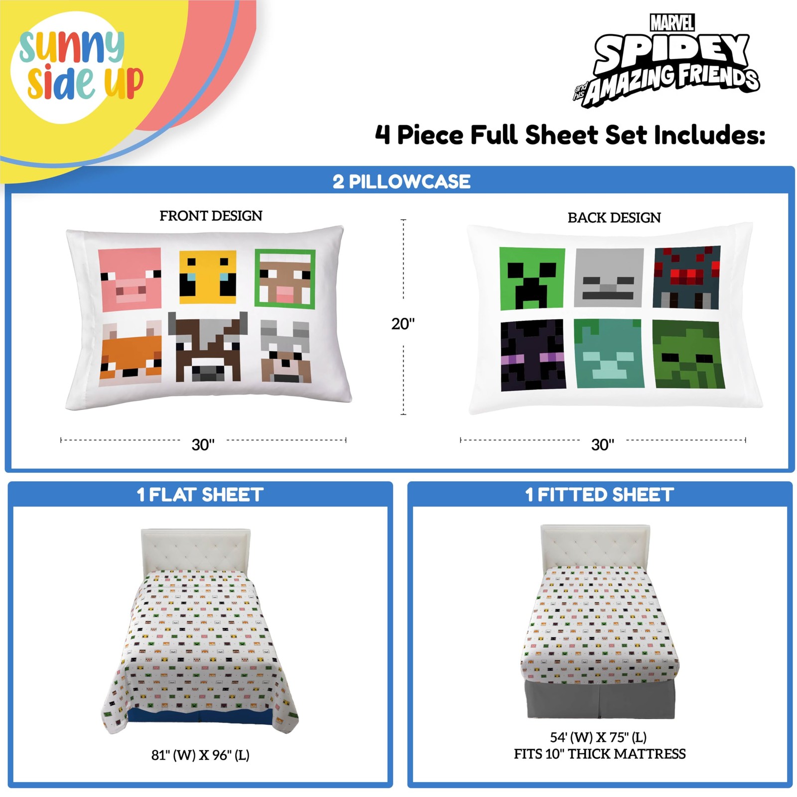Minecraft Creeper & Animals Full Set - 4 Piece Bedding Set Includes Pillow Co...